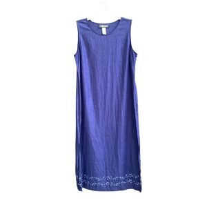 Sag Harbor Dress Womens 16‎ Blue Sleeveless Linen Rayon Shift Embroidered Midi